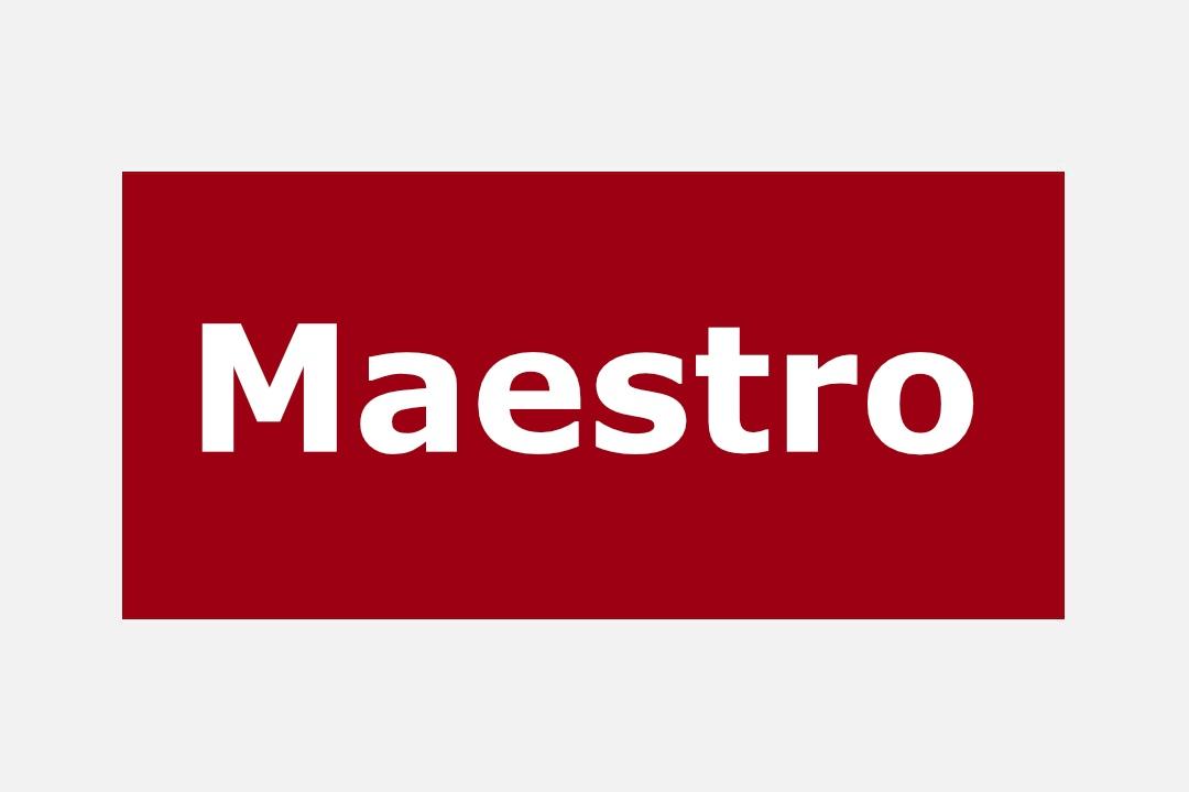 Image of Maestro white text in red background rectangle