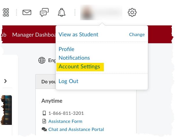 Screen capture of the Virtual Campus interface showing the drop-down menu when clicking on the profile name