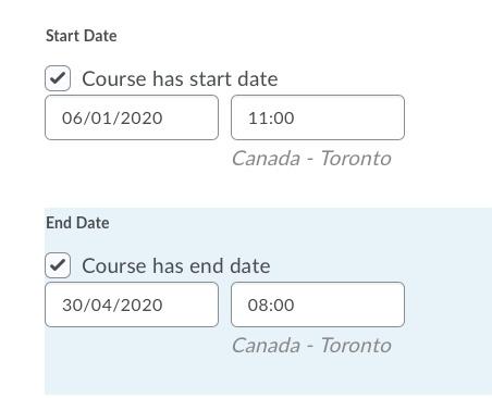 Screenshot of Start and End dates inside the Course Offering Information page