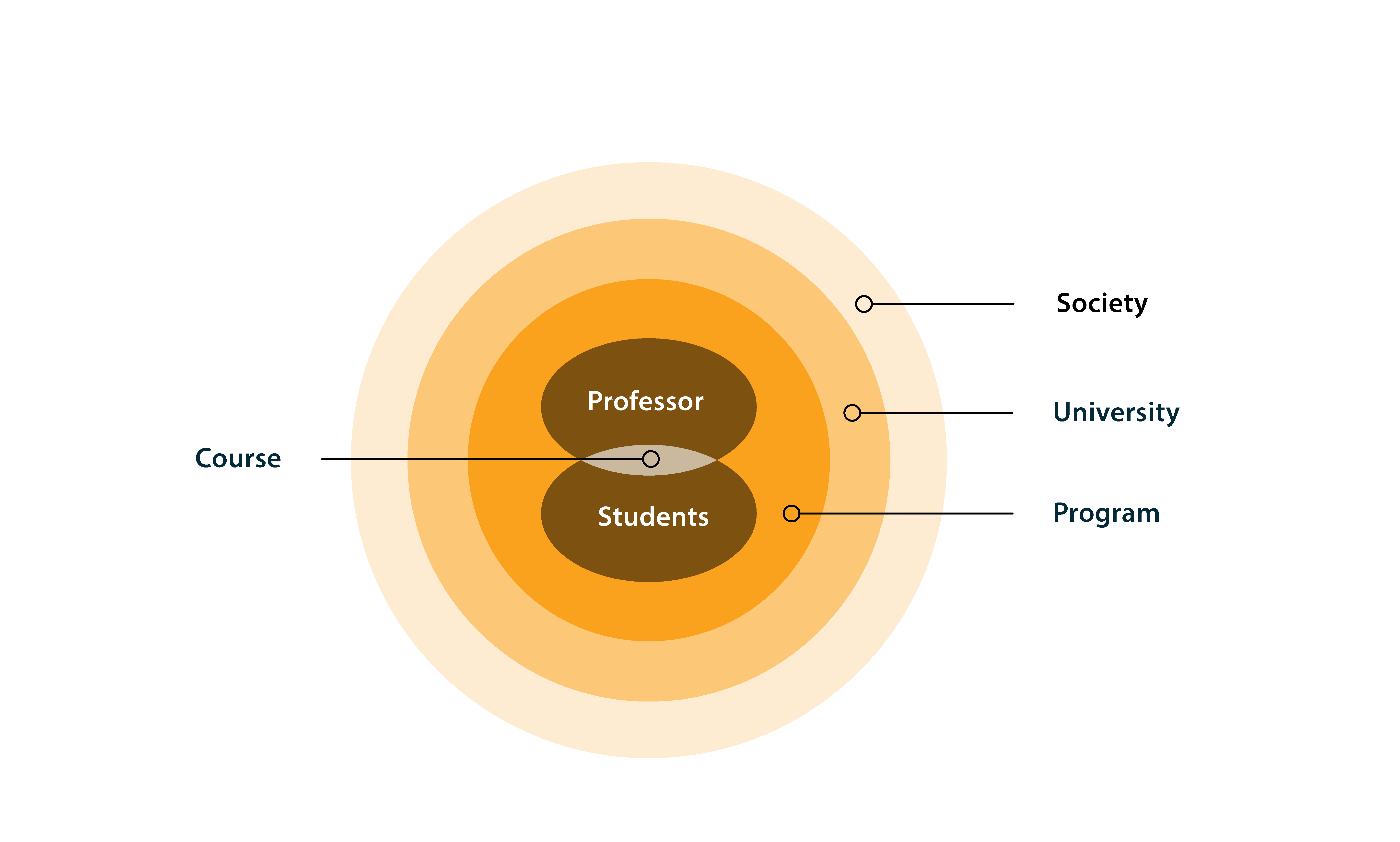 Representation of the learning environment where the course is at the junction of teacher and student, and between students. This environment is influenced by the program, the university and society.