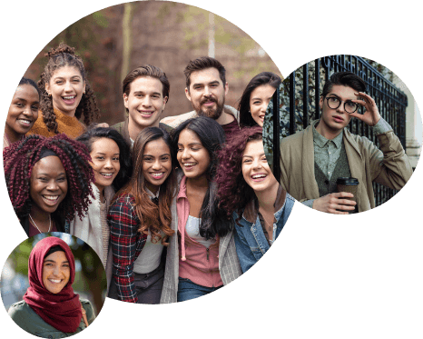 ImageOne large circle and two smaller circles with pictures of multicultural students at the university