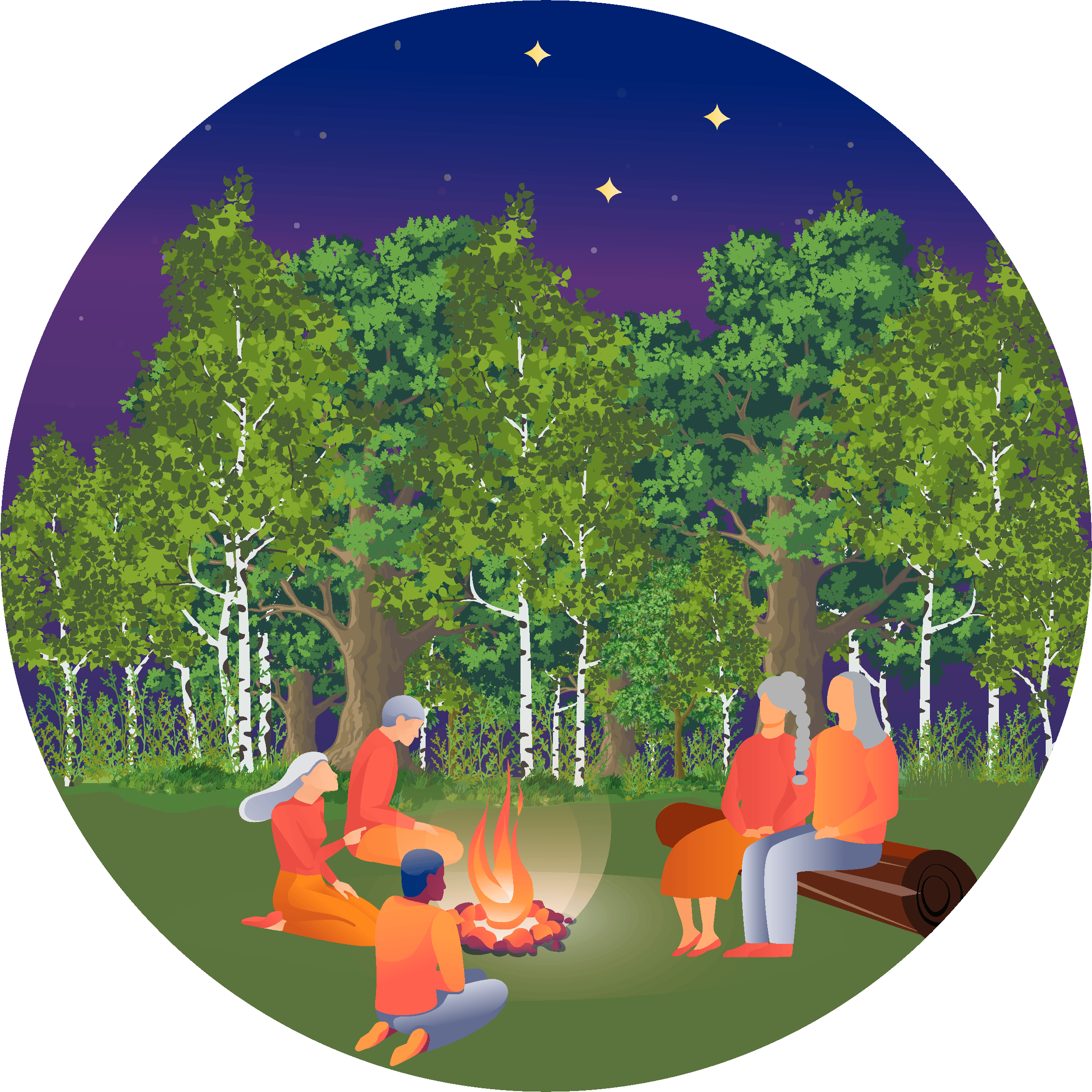Two elders discuss with 3 members of their Indigenous community around a fire in nature.